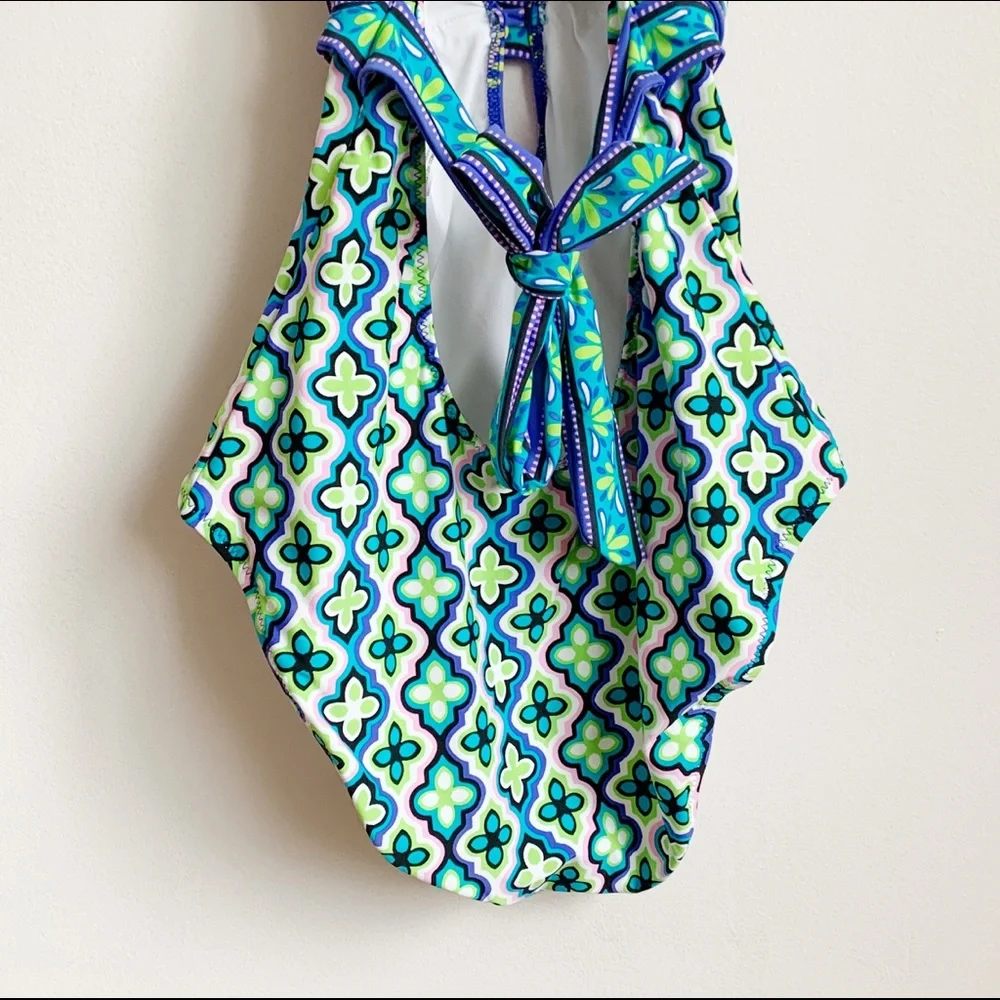 Trina Turk Patterned, Strappy One-Piece Swimsuit, Deep Plunge Front - Picture 8 of 8